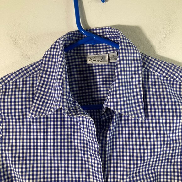 Womens Kim Rogers Gingham Button Shirt Blue White M 1/2 Sleeve Stretch - Picture 4 of 9